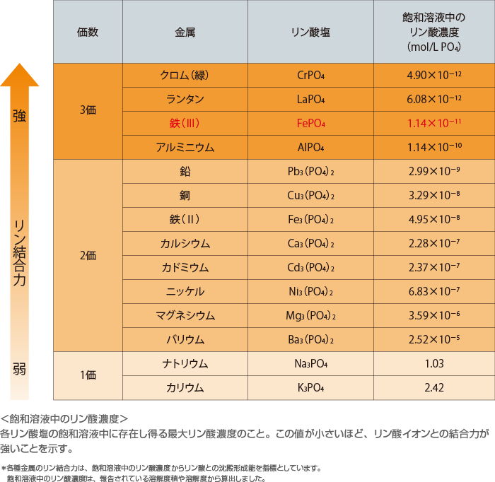 各種金属のリン結合力の比較の表